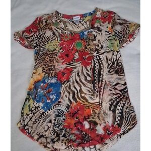 Chicos Silk Blouse Womens Small 0 Beaded Mixed Print Sheer Maximalist Art‎ Tunic